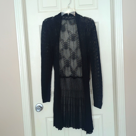 NEW LARGE LONG CROCHET KNIT DUSTER SWEATER BLACK - Picture 1 of 10